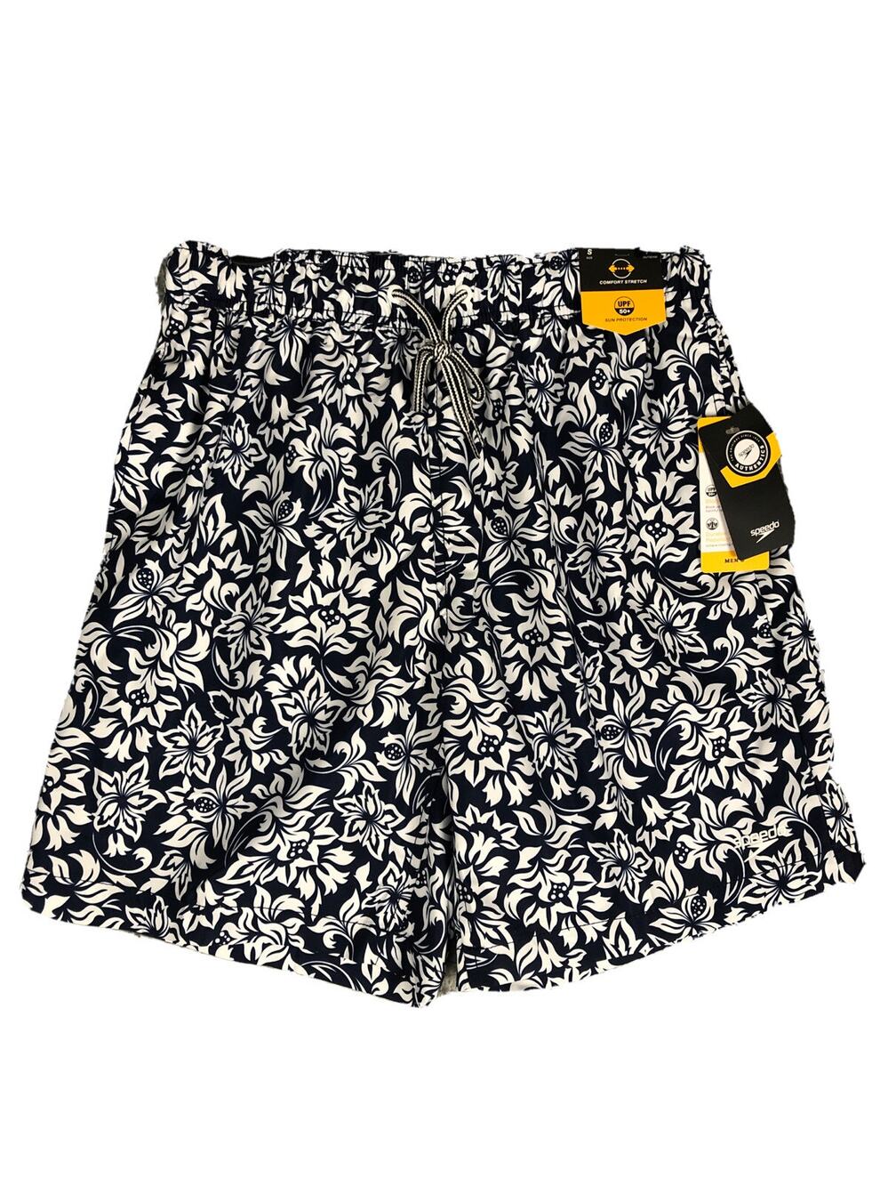 Speedo Men’s Swim Shorts Mesh Lining Navy Floral Print Pocket Logo Drawstring S